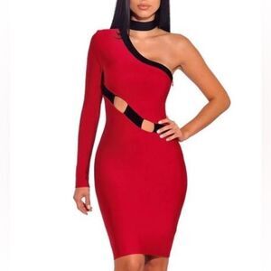 Miss Circle Asymmetrical Red Black Body-con with midriff cutouts, Medium